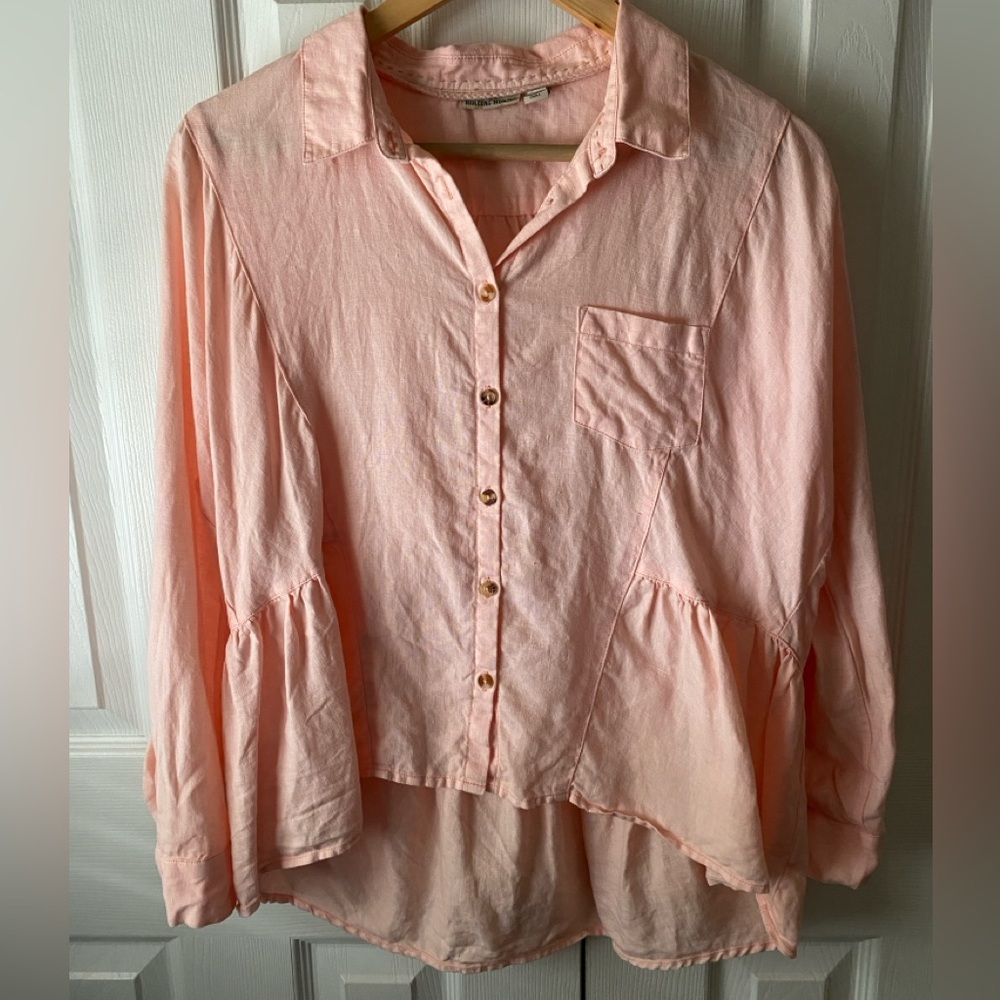 HOLDING HORSES Anthropologie McKenzie Peach 100% Linen Peplum Button Up Top XS - Picture 2 of 9